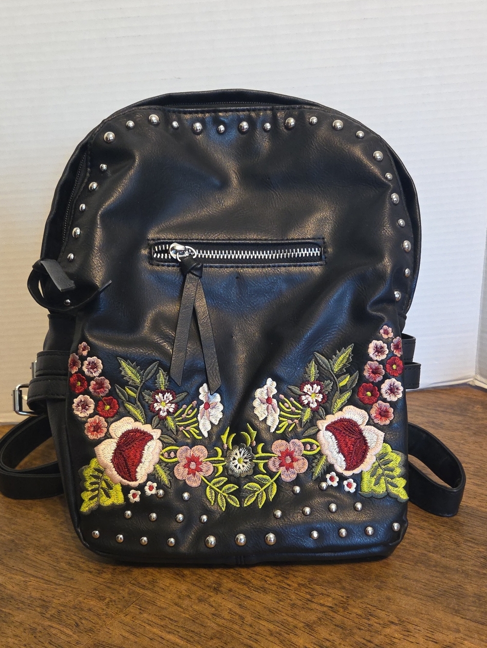 Harlow Black Floral Embroidered Mini Backpack with Stud Accents